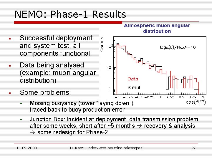 NEMO: Phase-1 Results § Successful deployment and system test, all components functional § Data