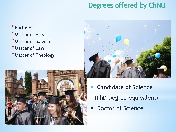 Degrees offered by Ch. NU * Bachelor * Master of Arts * Master of