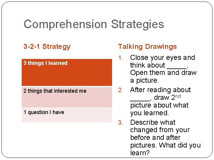 Comprehension Strategies 3 -2 -1 Strategy 3 things I learned 2 things that interested