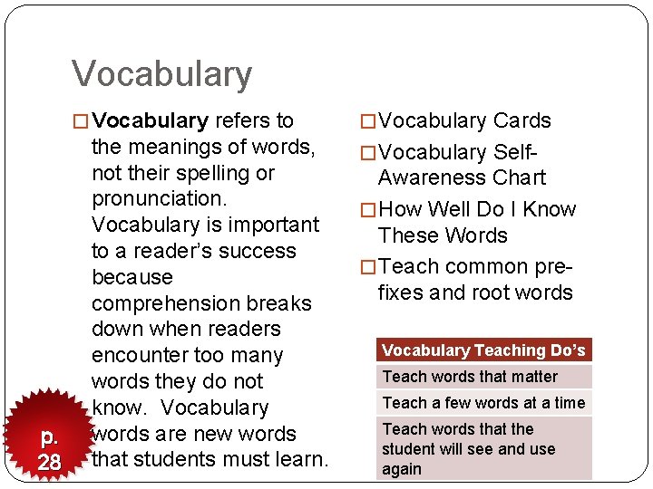 Vocabulary � Vocabulary refers to p. 28 the meanings of words, not their spelling