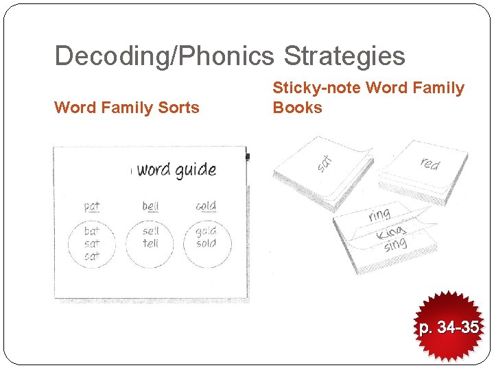 Decoding/Phonics Strategies Word Family Sorts Sticky-note Word Family Books p. 34 -35 