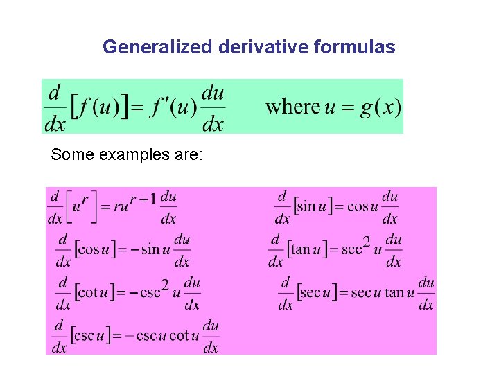 Generalized derivative formulas Some examples are: 