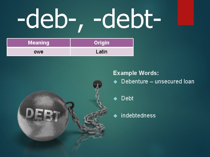 -deb-, -debt. Meaning Origin owe Latin Example Words: Debenture – unsecured loan Debt indebtedness