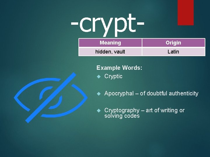 -crypt. Meaning Origin hidden, vault Latin Example Words: Cryptic Apocryphal – of doubtful authenticity