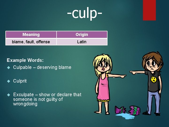 -culp. Meaning Origin blame, fault, offense Latin Example Words: Culpable – deserving blame Culprit