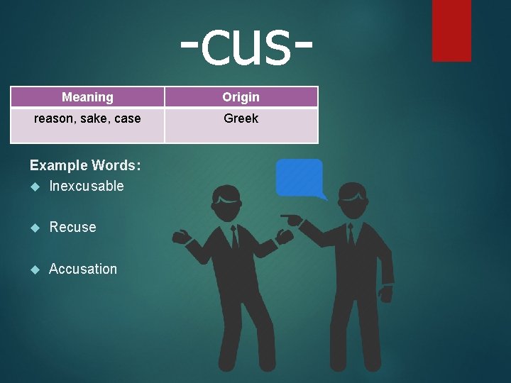 -cus. Meaning Origin reason, sake, case Greek Example Words: Inexcusable Recuse Accusation 