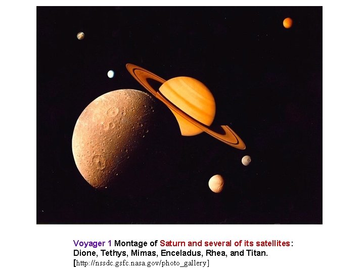 Voyager 1 Montage of Saturn and several of its satellites: Dione, Tethys, Mimas, Enceladus,