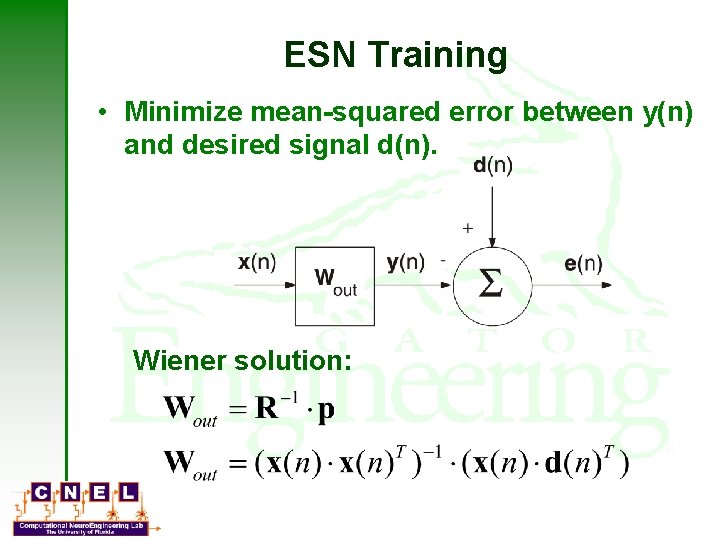 ESN Training • Minimize mean-squared error between y(n) and desired signal d(n). Wiener solution: