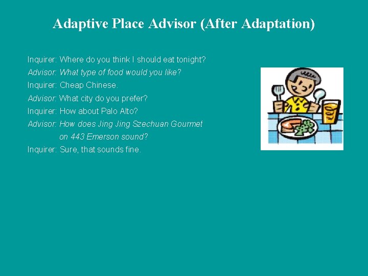 Adaptive Place Advisor (After Adaptation) Inquirer: Where do you think I should eat tonight?
