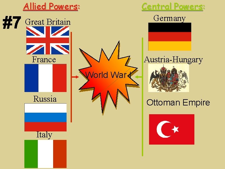 Allied Powers: Central Powers: Germany Great Britain France Austria-Hungary World War I Russia Italy
