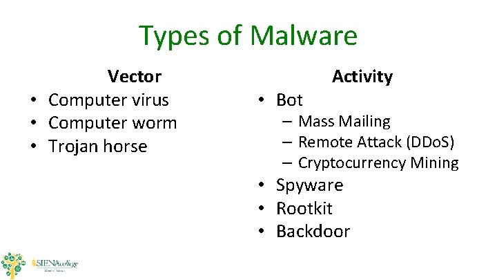 Types of Malware Vector • Computer virus • Computer worm • Trojan horse • Types of Malware Vector • Computer virus • Computer worm • Trojan horse •