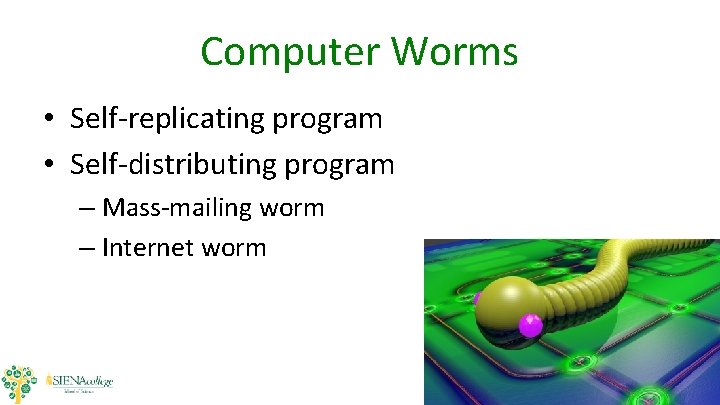 Computer Worms • Self-replicating program • Self-distributing program – Mass-mailing worm – Internet worm Computer Worms • Self-replicating program • Self-distributing program – Mass-mailing worm – Internet worm