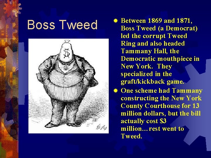 Boss Tweed Between 1869 and 1871, Boss Tweed (a Democrat) led the corrupt Tweed