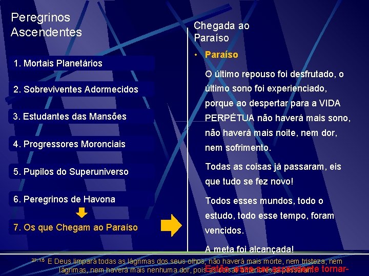 Peregrinos Ascendentes 1. Mortais Planetários Chegada ao Paraíso • Paraíso O último repouso foi