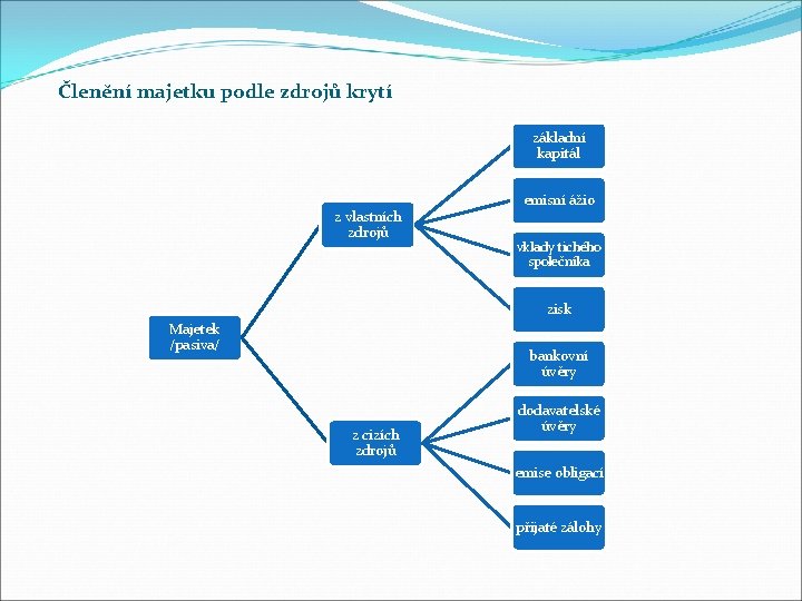 Členění majetku podle zdrojů krytí základní kapitál z vlastních zdrojů emisní ážio vklady tichého