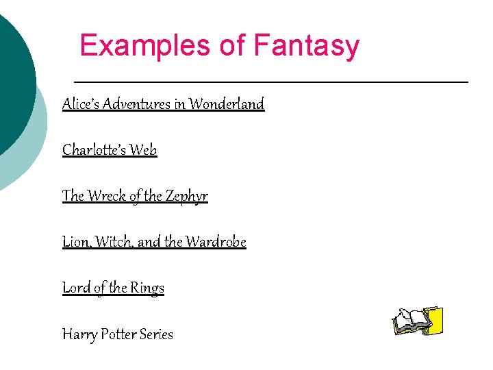 Examples of Fantasy Alice’s Adventures in Wonderland Charlotte’s Web The Wreck of the Zephyr