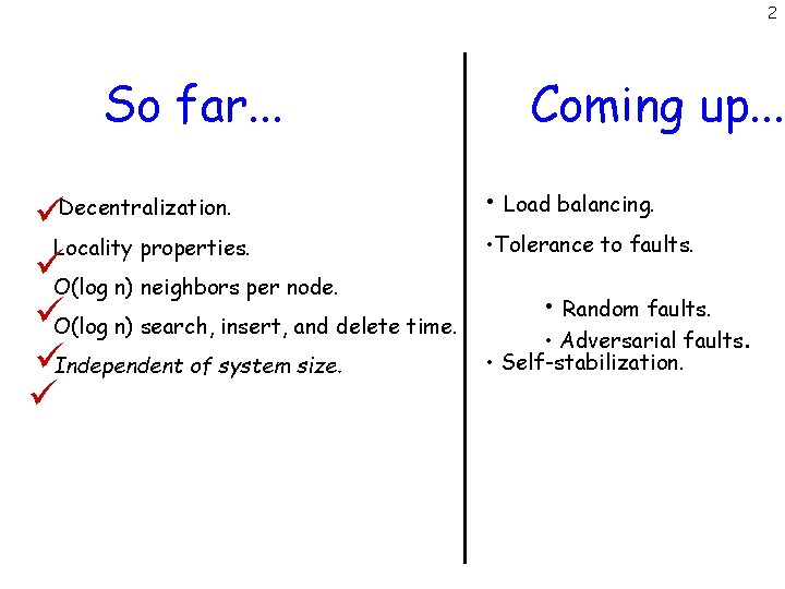 2 So far. . . Decentralization. Locality properties. O(log n) neighbors per node. O(log