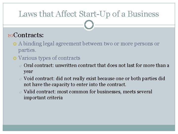 Laws that Affect Start-Up of a Business Contracts: A binding legal agreement between two