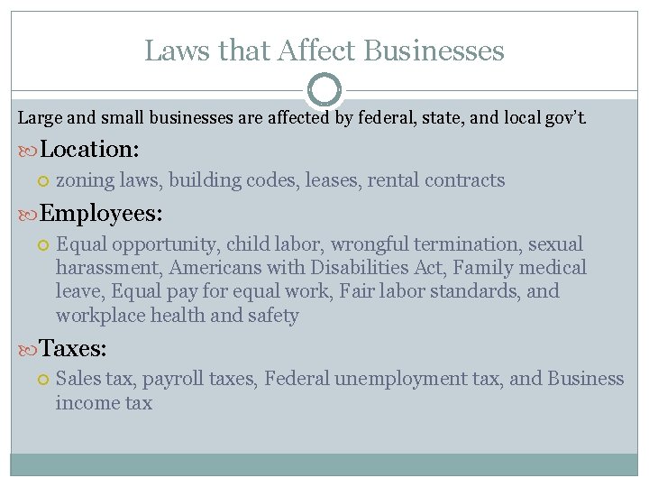 Laws that Affect Businesses Large and small businesses are affected by federal, state, and