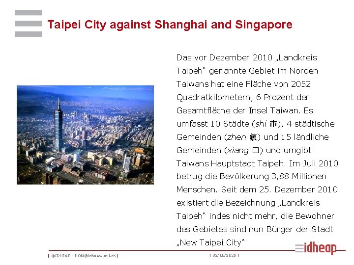 Taipei City against Shanghai and Singapore Das vor Dezember 2010 „Landkreis Taipeh“ genannte Gebiet