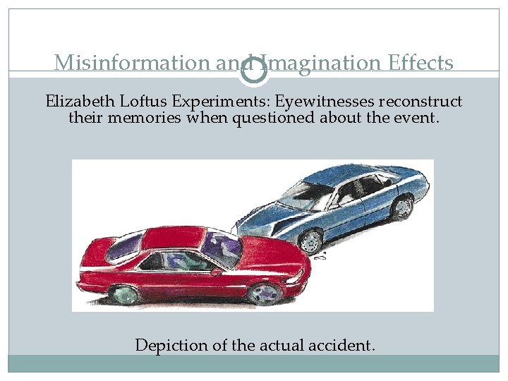 Misinformation and Imagination Effects Elizabeth Loftus Experiments: Eyewitnesses reconstruct their memories when questioned about