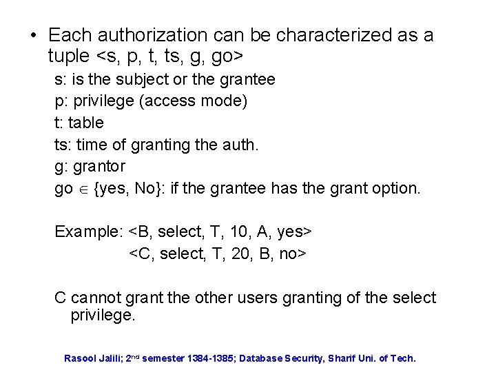  • Each authorization can be characterized as a tuple <s, p, t, ts,