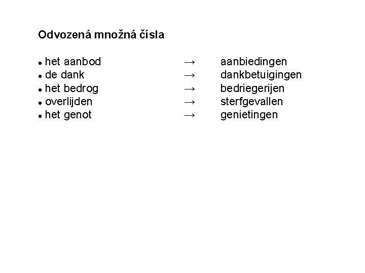 Odvozená množná čísla het aanbod de dank het bedrog overlijden het genot → →