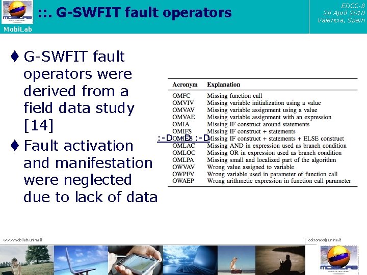 : : . G-SWFIT fault operators EDCC-8 28 April 2010 Valencia, Spain Mobi. Lab