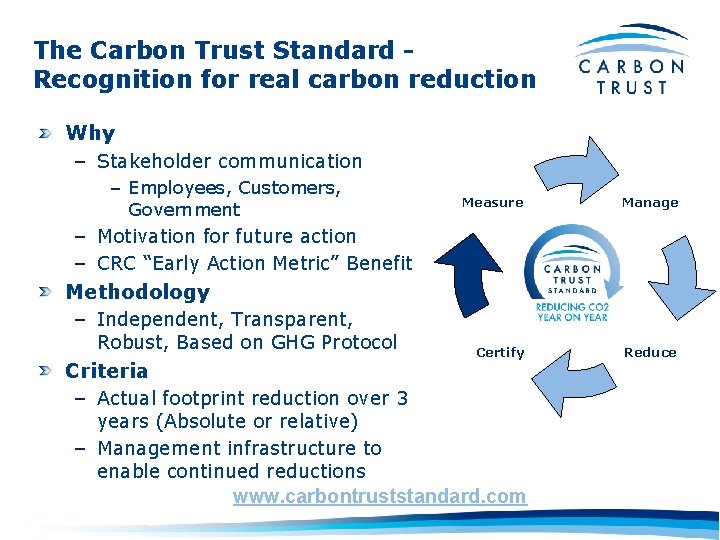 The Carbon Trust Standard Recognition for real carbon reduction Why – Stakeholder communication –