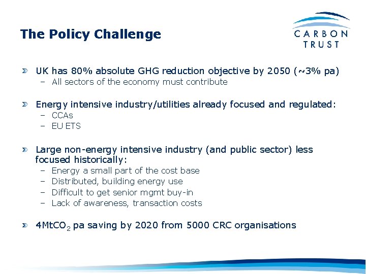 The Policy Challenge UK has 80% absolute GHG reduction objective by 2050 (~3% pa)