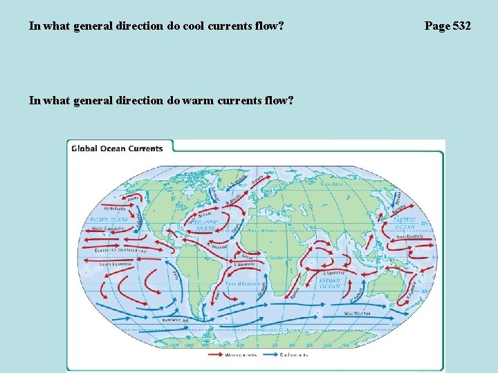 In what general direction do cool currents flow? In what general direction do warm