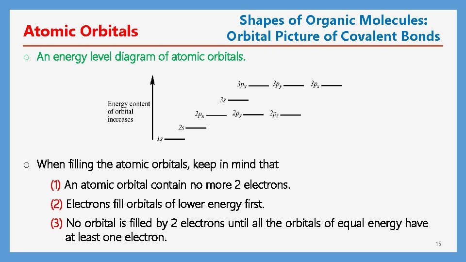Atomic Orbitals Shapes of Organic Molecules: Orbital Picture of Covalent Bonds o An energy