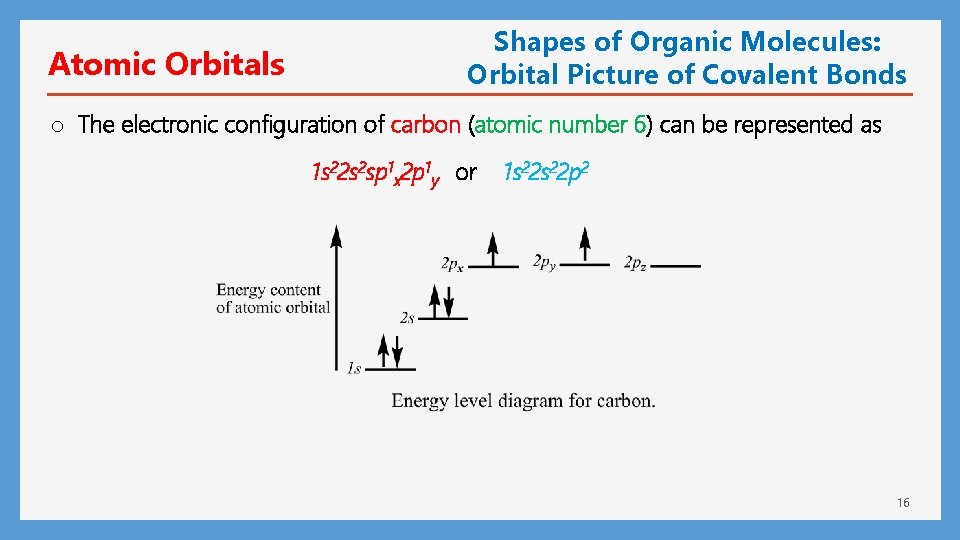 Atomic Orbitals Shapes of Organic Molecules: Orbital Picture of Covalent Bonds o The electronic