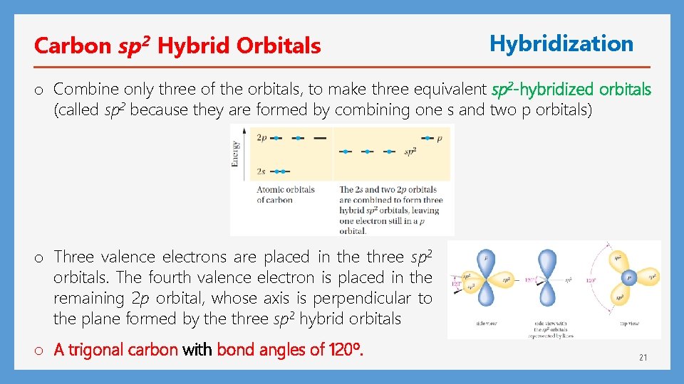 Carbon sp 2 Hybrid Orbitals Hybridization o Combine only three of the orbitals, to