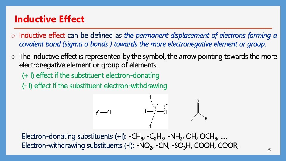 Inductive Effect o Inductive effect can be defined as the permanent displacement of electrons