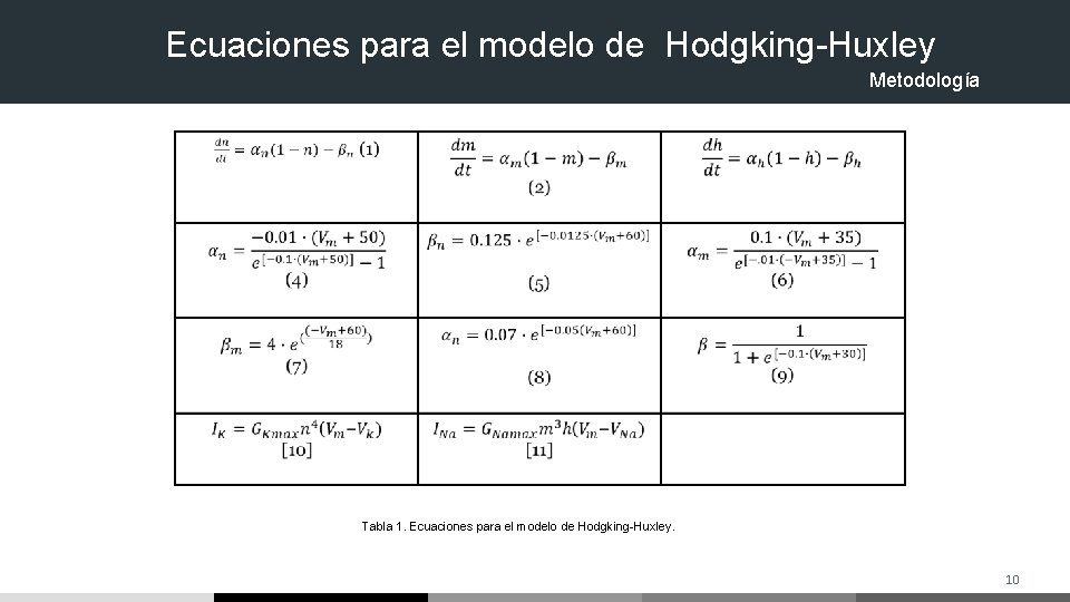 Ecuaciones para el modelo de Hodgking-Huxley Metodología Tabla 1. Ecuaciones para el modelo de Ecuaciones para el modelo de Hodgking-Huxley Metodología Tabla 1. Ecuaciones para el modelo de