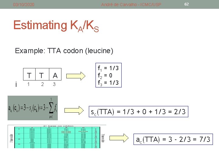 03/10/2020 André de Carvalho - ICMC/USP 62 Estimating KA/KS Example: TTA codon (leucine) i 03/10/2020 André de Carvalho - ICMC/USP 62 Estimating KA/KS Example: TTA codon (leucine) i