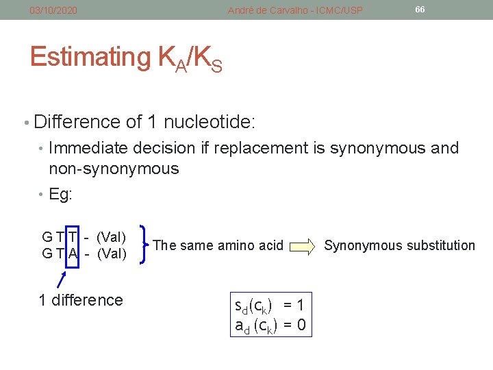 03/10/2020 André de Carvalho - ICMC/USP 66 Estimating KA/KS • Difference of 1 nucleotide: 03/10/2020 André de Carvalho - ICMC/USP 66 Estimating KA/KS • Difference of 1 nucleotide: