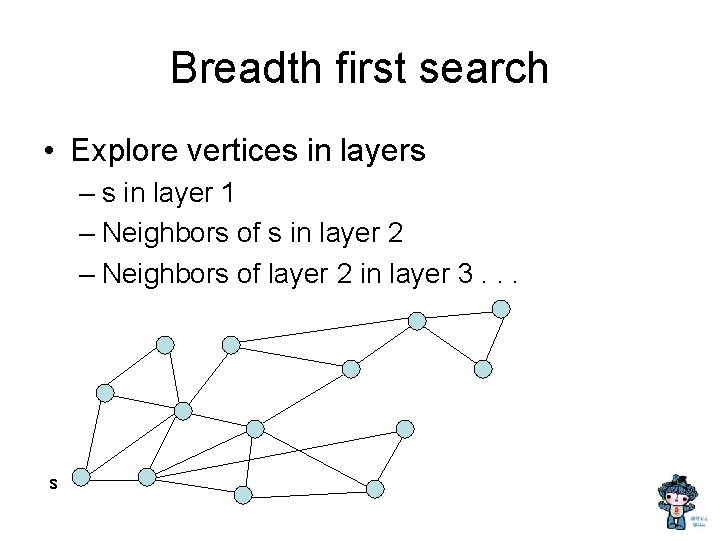 Breadth first search • Explore vertices in layers – s in layer 1 –