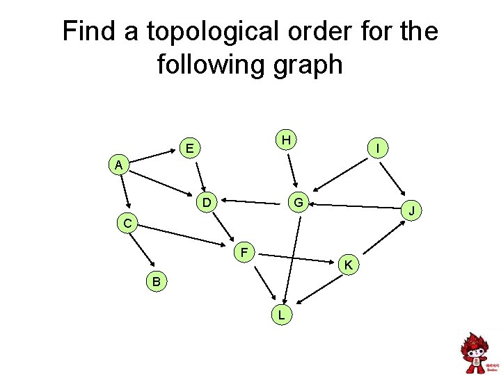Find a topological order for the following graph H E I A D G