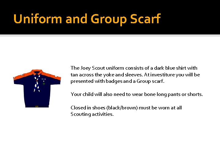 Uniform and Group Scarf The Joey Scout uniform consists of a dark blue shirt