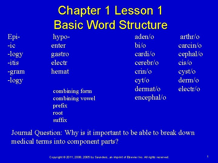 Chapter 1 Lesson 1 Basic Word Structure Epi-ic -logy -itis -gram -logy hypoenter gastro