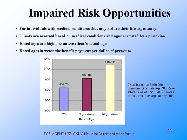 Impaired Risk Opportunities • For individuals with medical conditions that may reduce their life
