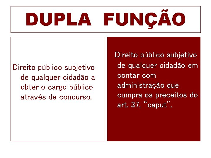 DUPLA FUNÇÃO Direito público subjetivo de qualquer cidadão a obter o cargo público através