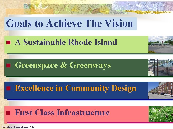 Goals to Achieve The Vision n A Sustainable Rhode Island n Greenspace & Greenways