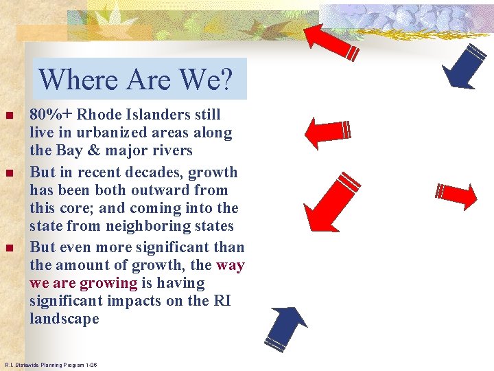 Where Are We? n n n 80%+ Rhode Islanders still live in urbanized areas