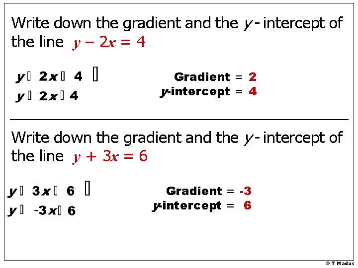 Write down the gradient and the y - intercept of the line y –