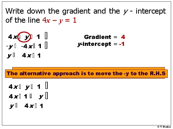 Write down the gradient and the y - intercept of the line 4 x