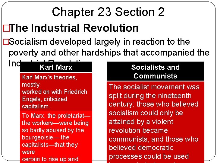 Chapter 23 Section 2 �The Industrial Revolution �Socialism developed largely in reaction to the