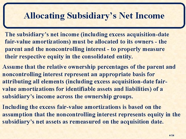 Allocating Subsidiary’s Net Income The subsidiary’s net income (including excess acquisition-date fair-value amortizations) must